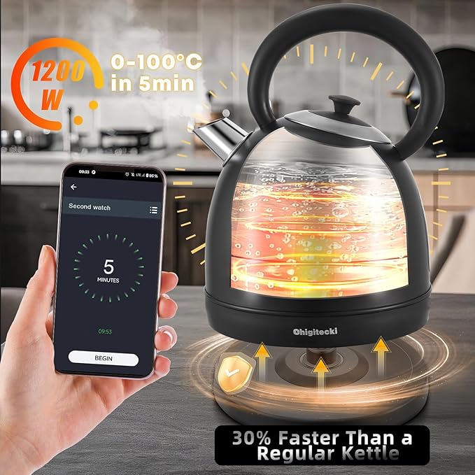 1.7L Electric Kettle, Retro Stainless Steel Water Boiler with Temperature Gauge & Auto Shut-Off, 1200W Fast Boiling Kettle for Home Kitchen Office, Boil-Dry Protection (Matte Black）