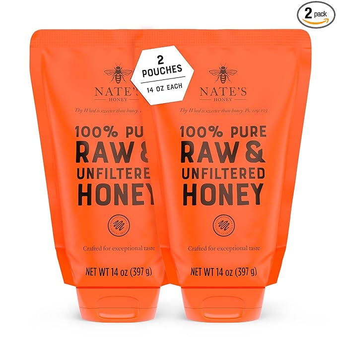 Nature Nate's 100% Guarantee Pure Raw & Unfiltered Honey, No-Drip Sustainable Squeeze Pouch, 14 Oz (Pack of 2)