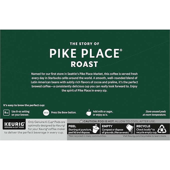 Starbucks K-Cup Coffee Pods, Medium Roast Hot or Iced Coffee, Pike Place Roast, 60 Keurig Pods