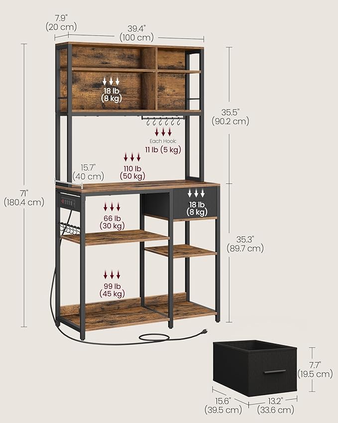 VASAGLE Bakers Rack with Charging Station, Coffee Bar, 15.7 x 39.4 x 71 Inches, Kitchen Microwave Stand, Adjustable Storage Shelves, Fabric Drawer, 12 Hooks, Rustic Brown and Ink Black UKKS027K01
