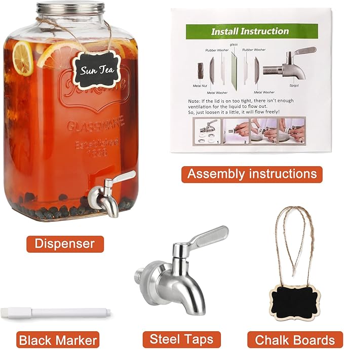 2 Gallon Glass Beverage Dispenser, Stainless Steel Leakproof Spigot and Lid, Glass Drink Dispensers for Parties, Water Beverage Dispenser Liquid Laundry Detergent Dispenser