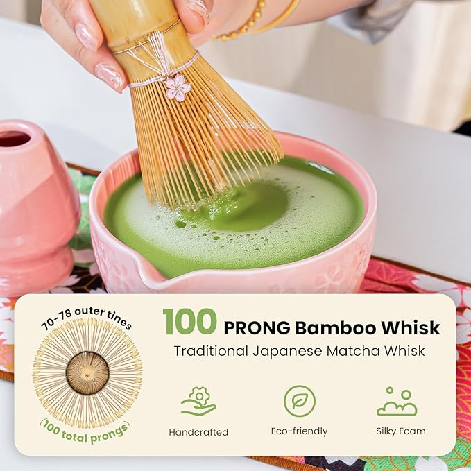 Matcha Whisk Set, Pink Matcha Kit (9 Pcs) Includes Bowl, Whisk, Holder, Scoop, Sifter, Spoon, Rest, Mat, Book - Exclusive Patented Ceramic Matcha Set for Matcha Lovers