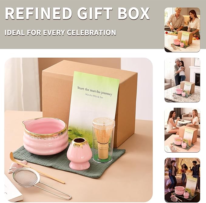 7-Piece Matcha Whisk Set: Pink Ceramic Bowl with Spout Edge (Golden Texture Design), Including Bamboo Whisk, Sieve, Spoon, etc., Suitable for Home Use/Matcha Lovers, Easy to Clean