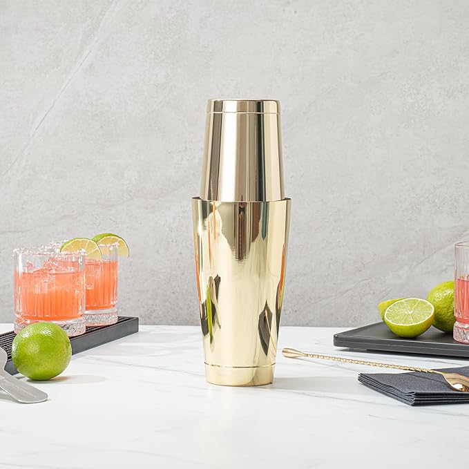 Restaurantware Bar Lux 24 Ounce Boston Shaker 1 Gold-Plated Cocktail Shaker - Weighted Bottom No Leak Stainless Steel Martini Drink Mixer Essential Bar Tool For Home Use Or Bartenders