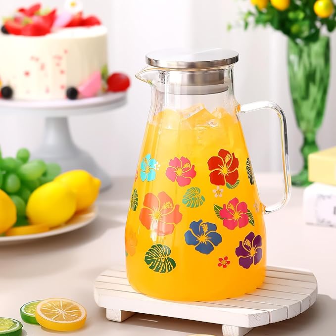 Domensi 74 oz / 2200 ml Glass Pitcher with Lid Water Pitcher with Handles Beverage Water Jar Glass Jug Hot and Cold Resistant Carafe for Tea Juice Milk Coffee Iced Beverage(Hawaiian Flowers)