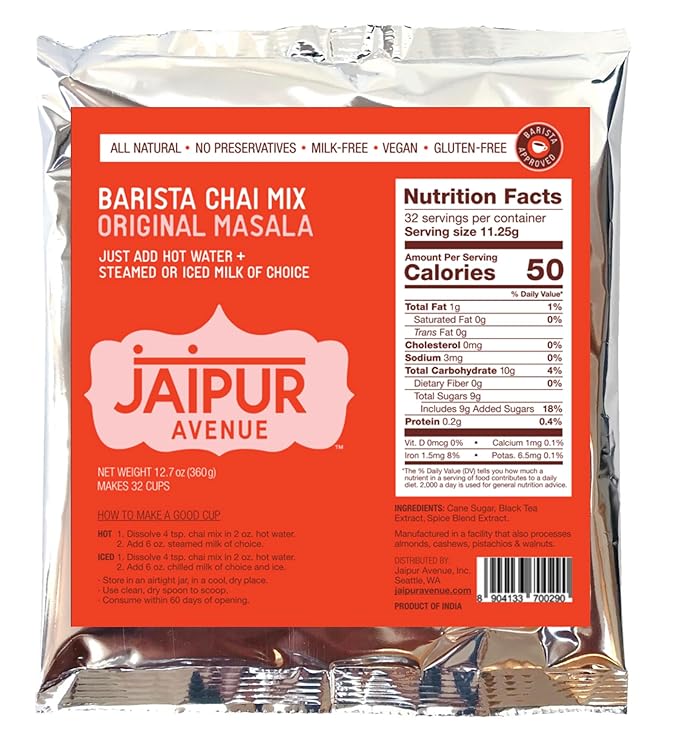 Jaipur Avenue Barista Chai Tea Mix - Original Masala (without Milk) - Vegan, Preservative-Free, Gluten-Free, Dairy- Free, and Authentic Masala Chai Tea Latte - 12.7 oz, Makes 32 Cups