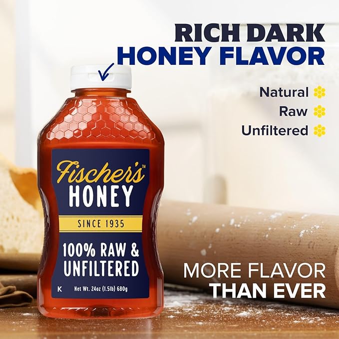 Fischer's 100% Pure, Raw & Unfiltered Honey, 24 oz – All-Natural Sweetener – Rich Flavor Profile, Packed with Nutrients