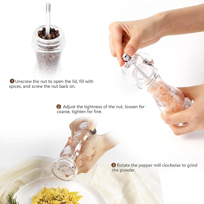 LHS 6 Inch Pepper Mill Grinder Salt Grinder, Arcylic Peppercorn Grinders with Adjustable Coarseness-Clear