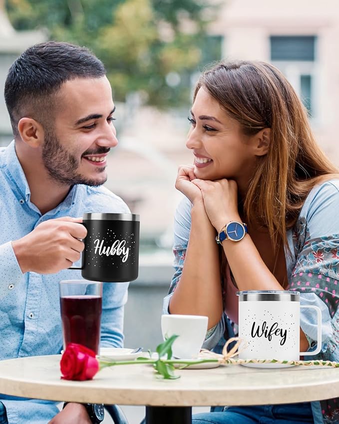 Husband and Wife Gifts, Mr & Mrs Coffee Mugs Set, Hubby and Wifey Gifts, Newlywed Gif 14oz Stainless Steel Insulated Mug(Black White)