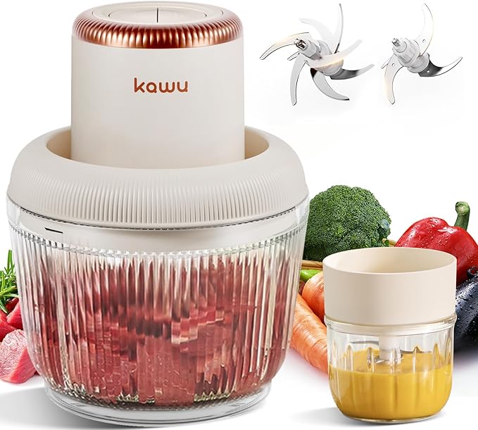 Kawu Electric Food Processor, 2 Speeds Meat Grinder & Vegetable Chopper, Food Chopper with 2 Bowls (2LCup+0.3LCup), 2&6 Bi-Level Blades with Powerful Motor for Fruits, Nuts, Ideal for Kitchen, Home
