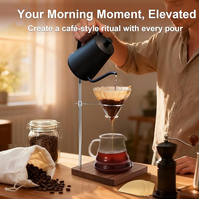 Pour Over Coffee Stand, North American Black Walnut Base with Stainless Steel Single-Arm Ring, Rotating Dripper Stand Fits 1-2 Cup V60 Brewers, Mugs and Carafes for Home Coffee Bar Setup