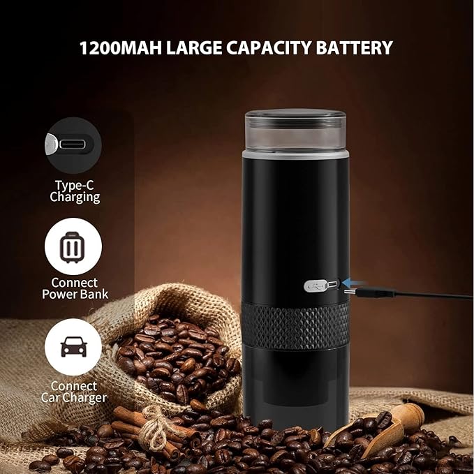 Portable Coffee Machine, Compact and Rechargeable, Extracts Delicious Pure Coffee, Compatible for Capsules and Ground Coffee, Easy to Use for Travel and More