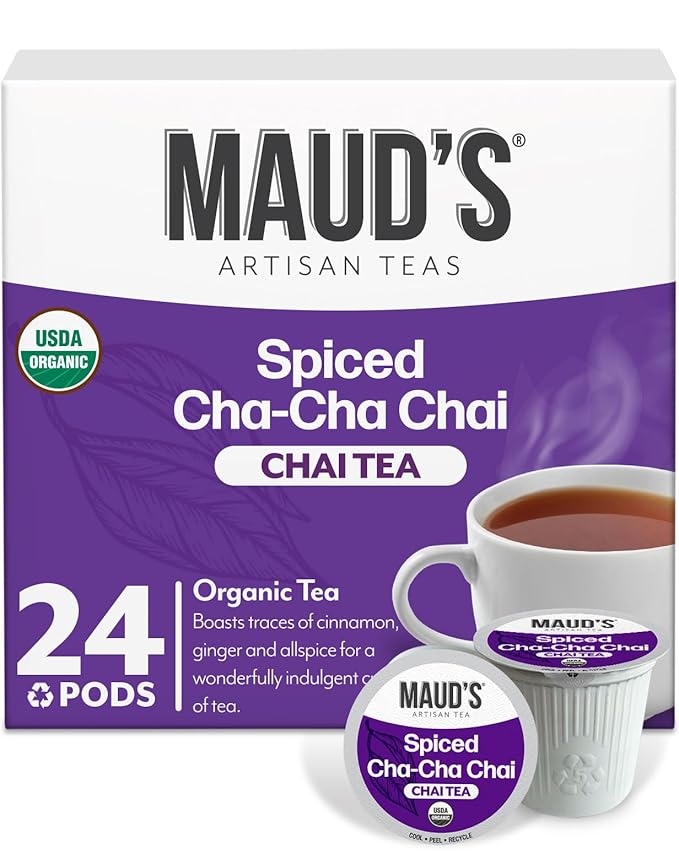 Maud's Organic Chai Tea Pods, 24 ct, Recyclable Single Serve Tea Pods – 100% Gourmet Blended Tea Leaves, Compatible with Keurig K Cups Maker