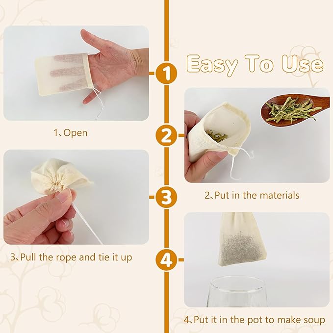 20Pcs Cotton Cooking Spice Bags, 4.25in×3.15in, Soak-Resistant & Boil-Resistant, Strainer Cooking Soups as Spice Bags, Reusable Tea Bags