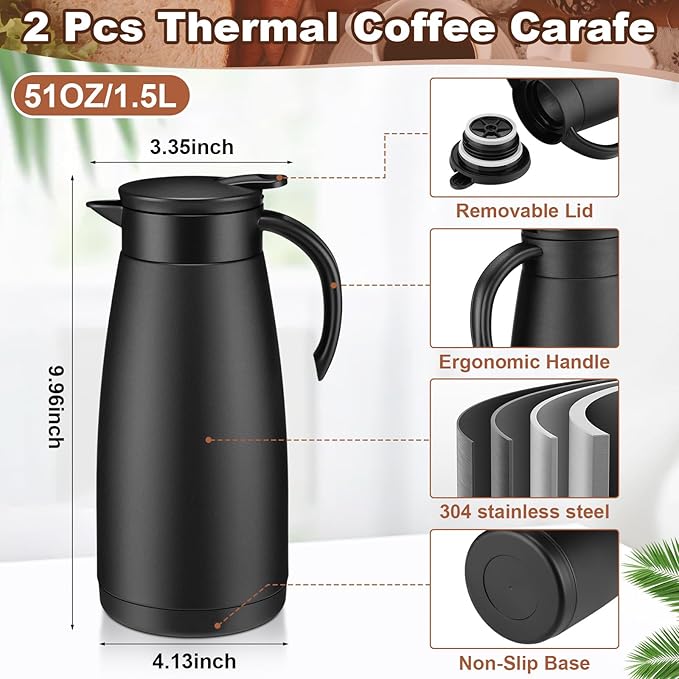 Uiifan 2 Pcs 51 Oz Thermal Coffee Carafe Stainless Steel Insulated Vacuum Coffee Carafes Double Walled Vacuum Thermal Pot Flask with Brushes for Keeping Cold Hot Tea Water Milk Home Office (Black)