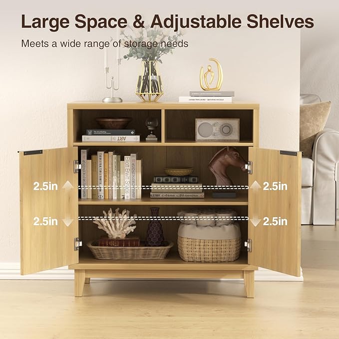 Set of 2 Fluted Sideboard Cabinet with Wavy Fluted Door Panel, Solid Wood Leg & Adjustable Shelf, Quality MDF Storage Cabinet for Entryway, Living Room, Dining Room, 15.7"D x 31.5"W x 32.3"H