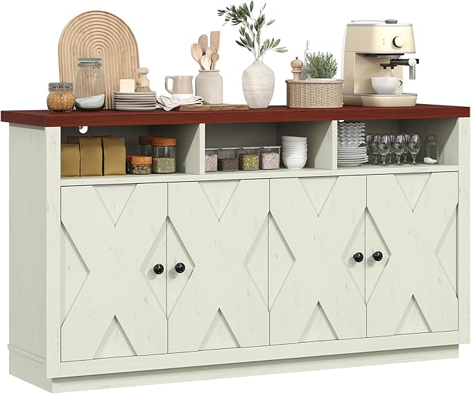 60” Large Sideboard Buffet Cabinet with Storage, Farmhouse Kitchen Buffet Cabinet with Adjustable Shelves and 4 Barn Doors, Wood Coffee Bar Storage Cabinet for Kitchen, Dining Room, Rustic White