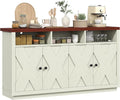 60” Large Sideboard Buffet Cabinet with Storage, Farmhouse Kitchen Buffet Cabinet with Adjustable Shelves and 4 Barn Doors, Wood Coffee Bar Storage Cabinet for Kitchen, Dining Room, Rustic White