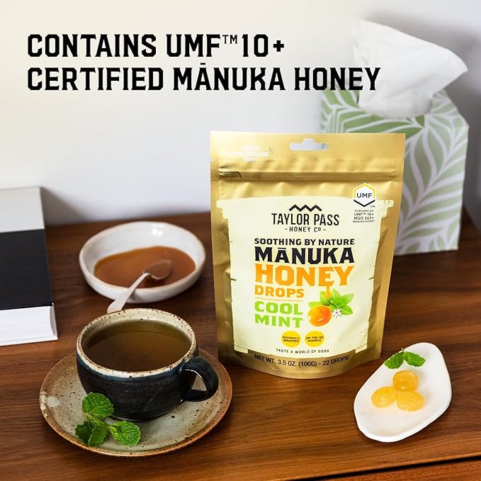 Taylor Pass Honey Co Mānuka Honey Drops UMF™ 10+ | Cool Mint | Mānuka Honey Lozenges | Soothing Natural Manuka On-the-Go | 22 Individually Wrapped Drops | Made in New Zealand