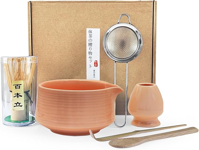 Matcha Whisk Set, Matcha Bowl, Matcha Whisk,Chasen Holder, Sieve, 2 Spoons, 6-Piece Set of Matcha Making Tools for Matcha Lovers and Traditional Tea Art Gift Box(Pink)