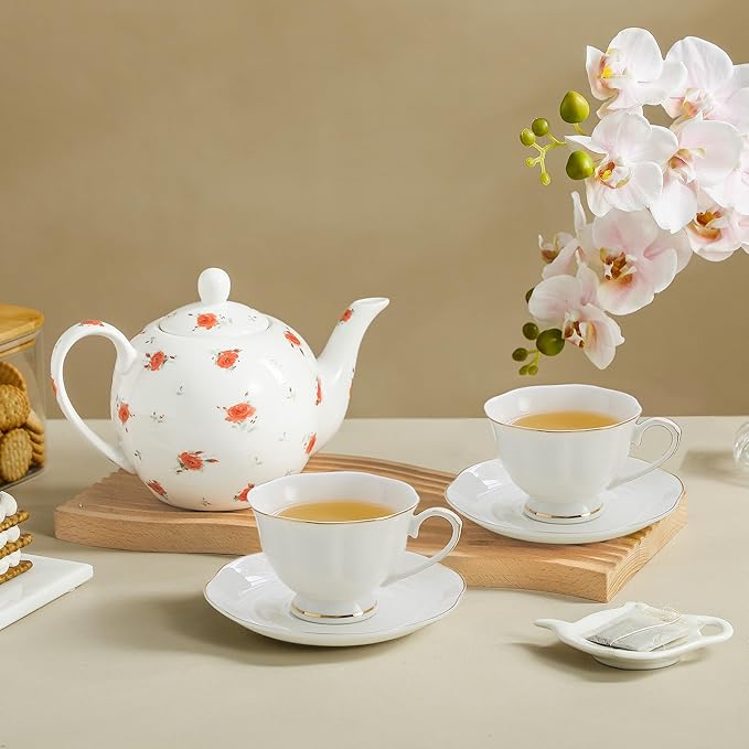 30oz Porcelain Teapot (4 Cups) - Elegant Floral Ceramic Tea Pot with Vibrant Roses, Ideal for Loose Leaf & Bagged Tea, Dishwasher Safe