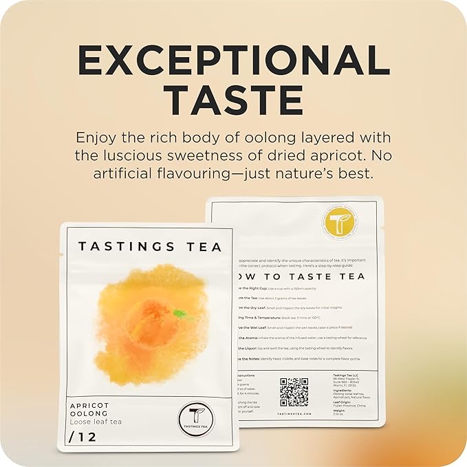 Tastings Tea Apricot Oolong Loose Leaf, 2.55 oz | Smooth & Juicy Blend from Fujian Province China | Medium Caffeine | Naturally Sweet & Elevating | Small Batch & Sustainably Sourced | Resealable Pouch