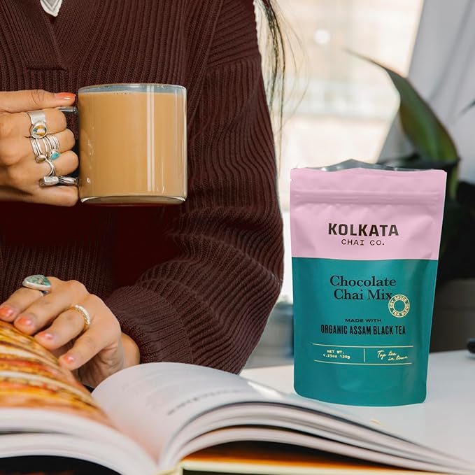 Kolkata Chai Chocolate Chai mix, 100% Organic Black Tea, Makes 20 cups, Premium loose leaf tea and spice blend, All Natural, 4.23 oz