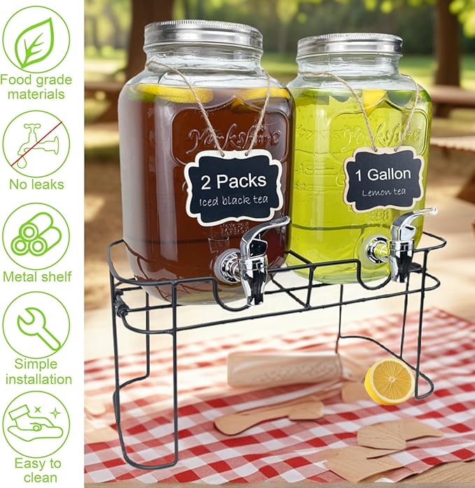 1 Gallon Glass Drink Dispenser for Parties, 2 Packs Juice Lemonade Ice Tea Water Dispenser with Stand, HENABLE Beverage Dispensers with Spigot for BBQ, Picnic, Party
