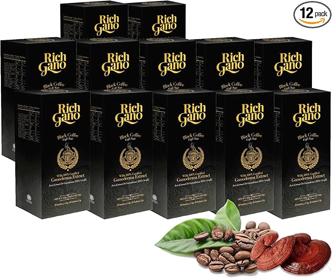 Rich Gano Reishi Mushroom Coffee – (12 Boxes of 30 Sachets) Black Coffee with Ganoderma Extract – All Natural Vegan Friendly Instant Coffee Packets – Zero Jitters Energize Ganoderma