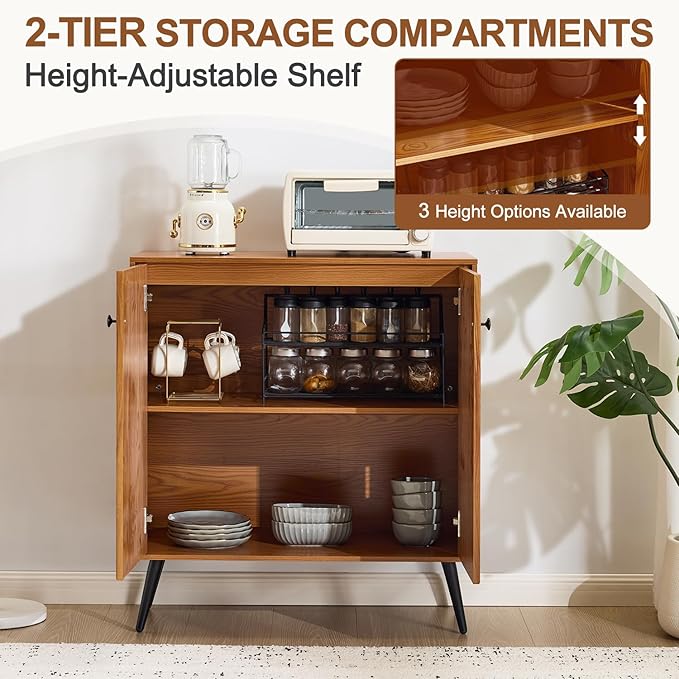 EROMMY Fluted Sideboard Buffet Cabinet, Wooden Storage Cabinet with Adjustable Shelf, Multifunctional Accent Cabinet with Adjustable Shelves for Dining Room, Living Room, Entry, Hallway, Walnut