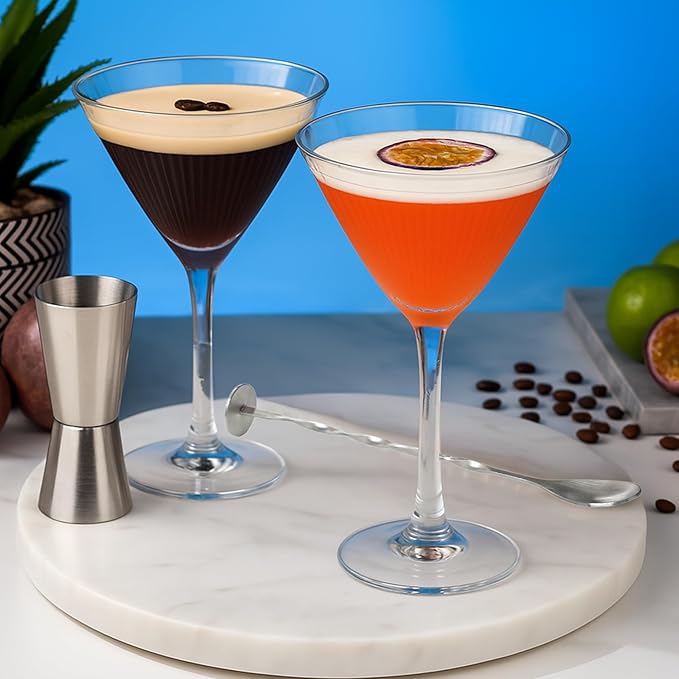 VEMACITY - Silver Luxury Home Mixology Cocktail Shaker Set with Silver Accessories + 2 Ribbed Espresso Martini Glasses - Glass Shaker with Built-In Strainer | Ideal for Christmas & New Years