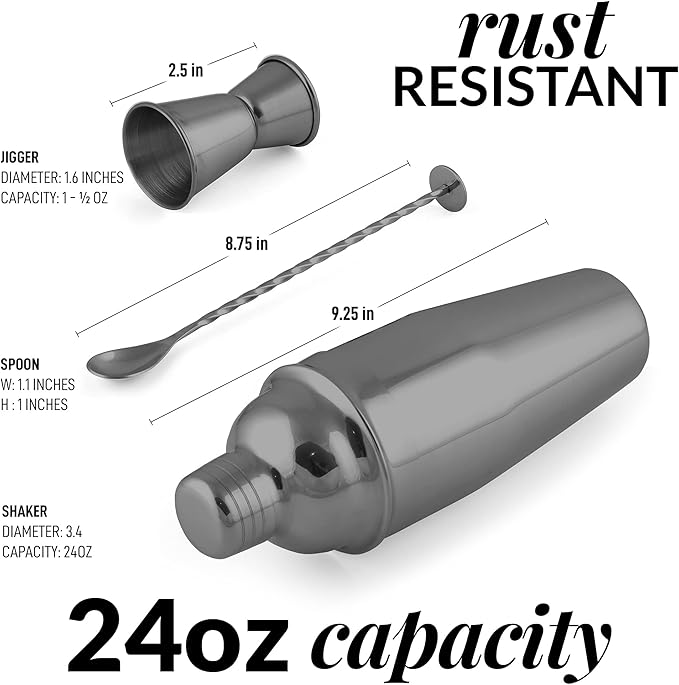 Large 24 oz Stainless Steel Cocktail Shaker Set - Mixed Drink Shaker - Martini Shaker Set with Built in Strainer, Double Sided Jigger & Combo Muddler Mixing Spoon - Pro Margarita Shaker - by Zulay