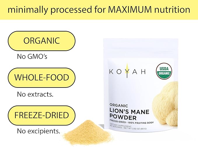 KOYAH - Organic USA Lion's Mane Mushroom Powder - 80 Servings - 100% Fruiting Body, Freeze-Dried, 3rd Party Tested for Beta-Glucans, Non-GMO, Vegan. Brain & Nerve Support. Immune Support.