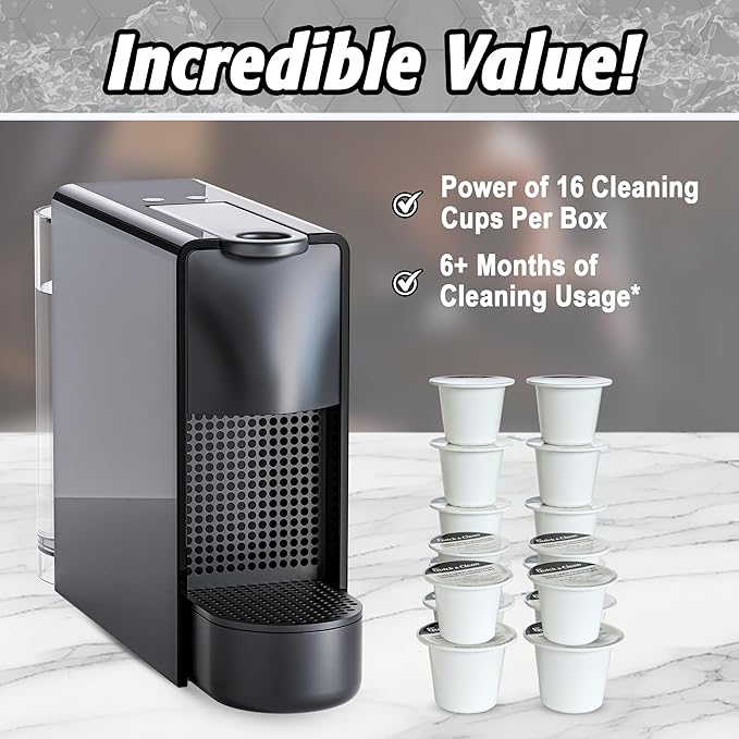 Quick & Clean 16-Pack Cleaning Pods Compatible with Nespresso Original Single Serve Espresso Machines - Removes Stains, Non-Toxic and Eco-Friendly