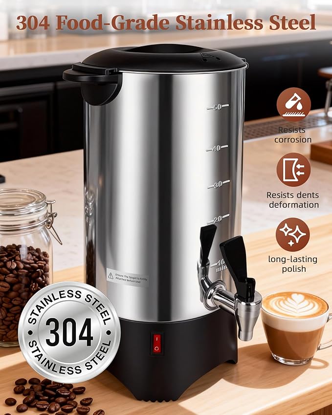 Commercial Coffee Urn, 50 Cup Coffee Maker and Hot Water Urn, 1500W Fast-Brewing Percolator for Business, Parties, Catering, and Large Gatherings (50 Cups)