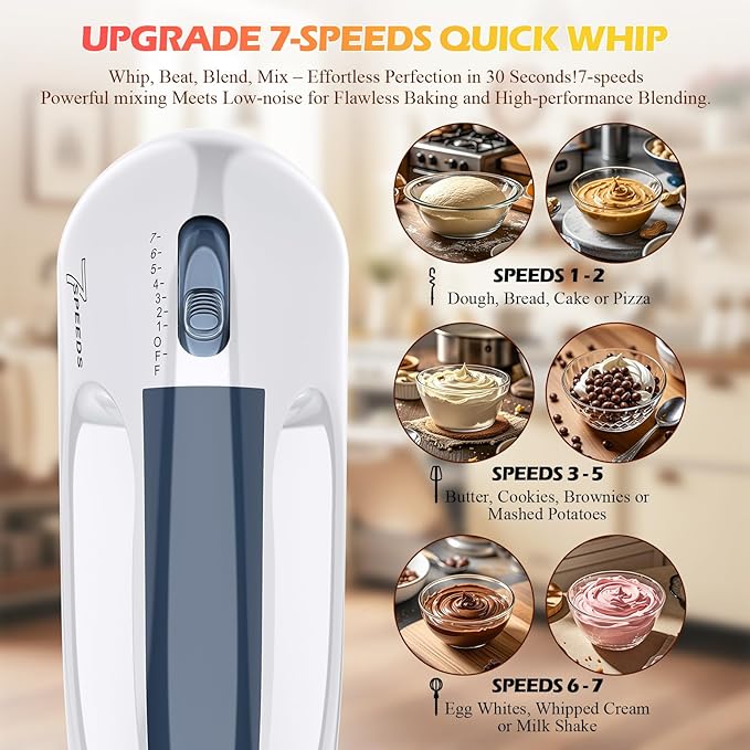 WADODO 200W Electric Hand Mixer, 7-Speeds Small Handheld Mixer with 304 Stainless Steel Beaters, Dough Hooks & Whisk Attachment, Portable Food Kitchen Mixer for Baking Cake Cookies Cream