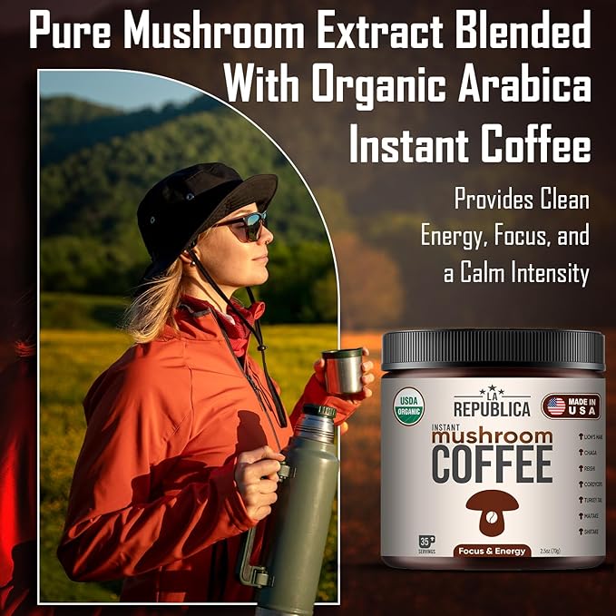 La Republica Instant Mushroom Coffee Organic – 100% Arabica Coffee with Lion’s Mane, Reishi & 5 More Mushrooms for Focus, Immunity, Energy Support & Fast Metabolism – 35 Servings