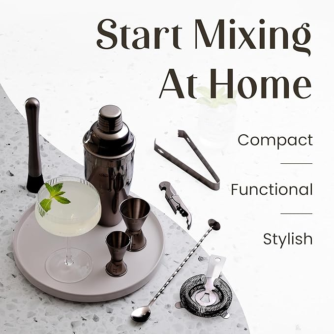 Mixology & Craft 11-Piece Cocktail Shaker Set, Bartender Kit with Stand, Stainless Steel Bar Tools, Dual Jiggers, Muddler & Pourers, Wood Display for Home Bar - Gift Ready (Gun-Metal Black)