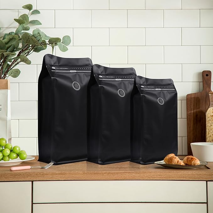 50 Pcs Upgraded Coffee Bags with Valve (Black,8 oz/0.5 lb), Black High Barrier Aluminum Foil Flat Bottom Standing Coffee Bean Storage Bags, Heat Sealable Resealable Bag for Home.