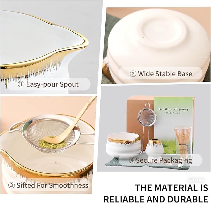Spouted Matcha Bowl – 7-Piece Matcha Whisk Set, Golden-Textured White Porcelain Matcha Utensils, for Home Use & Matcha Enthusiasts