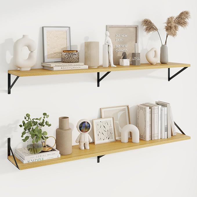 Axeman Deep Floating Shelves for Wall - 55 Inch Wide x 10 Inch Deep Oak Floating Shelves Set of 2 - Wide Wall Shelves for Living Room Bathroom Bedroom