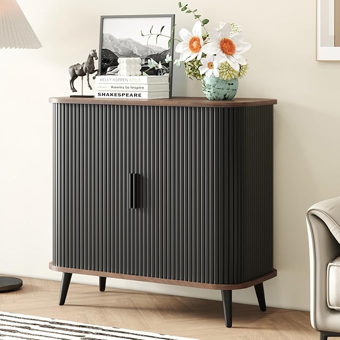 Accent Cabinet with Sliding Doors - Black Sideboard Buffet Cabinet with Storage for Coffee Bar, Console Table - MCM Design Bar Cabinets for Modern Home Décor