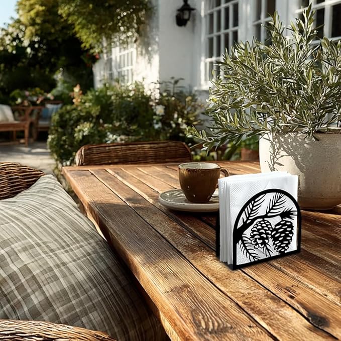 Pine Cones Decorative Black Metal Napkin Holder for Table, 5.3" x 4.9" x 1.9" Pine Cones Standing Napkin Holder for Home Kitchen Restaurant Picnic Party Coffee Bar Dining Room