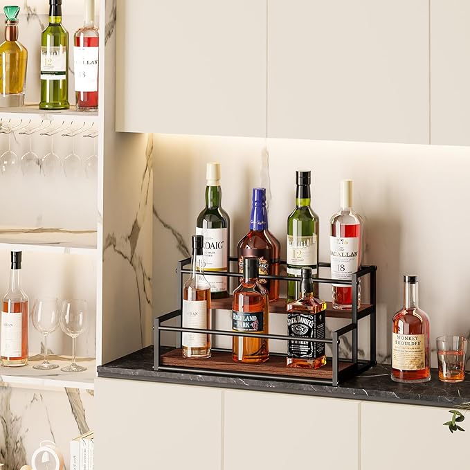 THYGIFTREE Liquor Bottle Display Shelf 2 Tier Rack Holder Bar Shelf Stand for Wine Whiskey Risers Organizer Kitchen Countertop