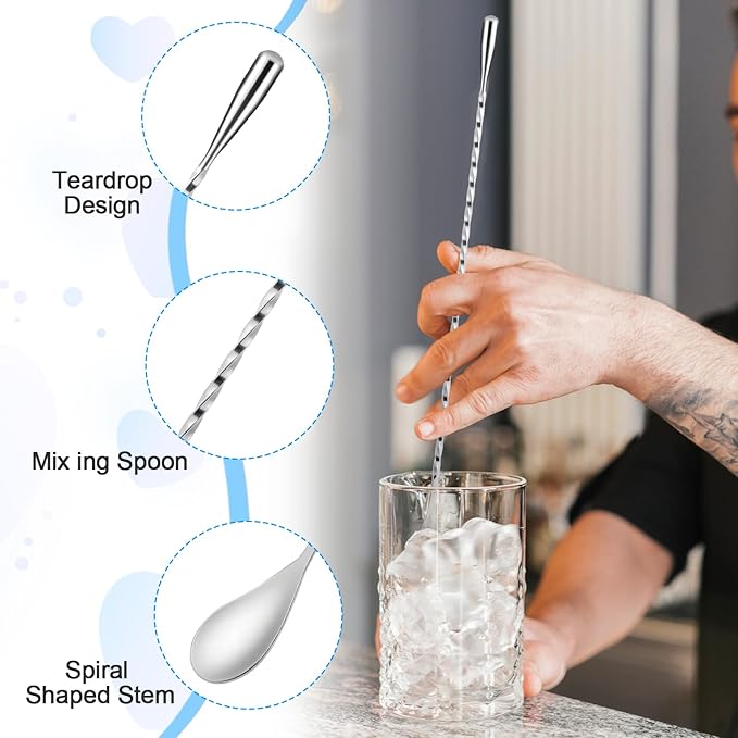 18 Pcs Bar Spoon Cocktail Mixing Spoon 12 Inches Stainless Steel Long Drink Stirrers with Spiral Handle for Cocktail Shaker, Silver