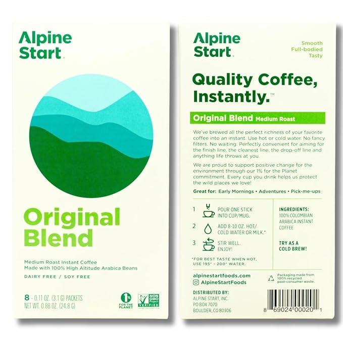 Alpine Start Instant Coffee Medium Roast Original Blend from High Altitude Arabica Beans, Enjoy Hot or Cold, Dairy Free, Soy Free (0.11 Oz) Pack of 8
