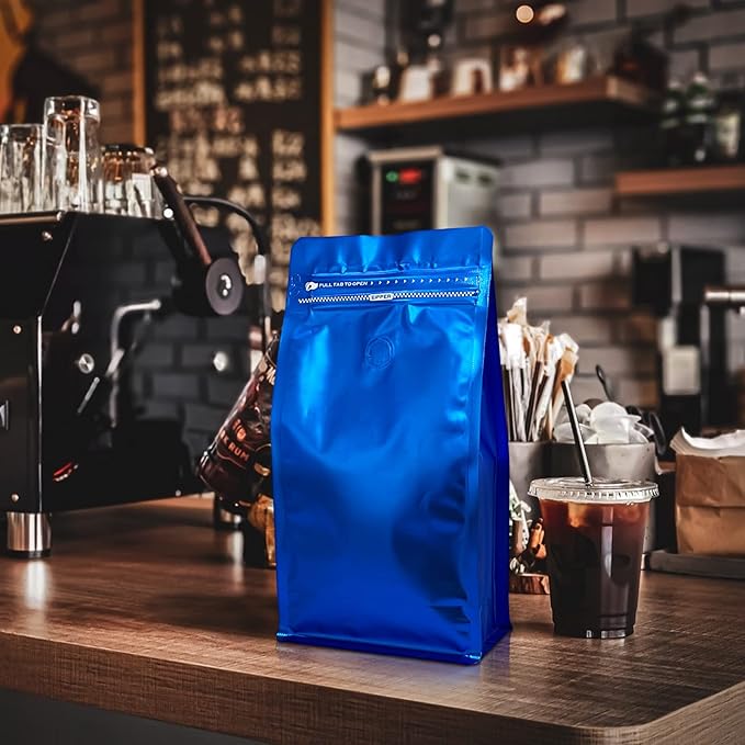 REMTAP Coffee Bags with Valve(50pcs,16 oz) Navy Blue High Barrier Aluminumed Foil Flat Bottom Standing Coffee Beans Storage Bags,Reusable Heat Sealable Side Zipper Pouches for Home or Store
