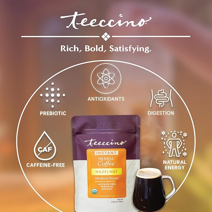 Teeccino Instant Organic Hazelnut Herbal Coffee– 33 servings – Instant Chicory Coffee Alternative with Buttery Hazelnuts Slightly Sweetened by Dates That’s Prebiotic, Caffeine-Free & Acid Free - 3.53 ounces