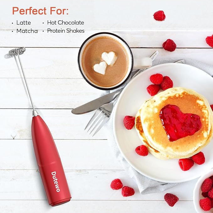 Hand Mixer Milk Frother for Coffee - Dutewo Frother Handheld Foam Maker for Lattes, Electric whisk Drink Mixer Mini Foamer for Cappuccino, Frappe, Matcha, Hot Chocolate, Red 199C