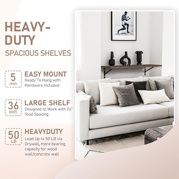 Kaboon 36 inch Long 10 inch Deep Floating Shelves for Wall Set of 2, Large Open Shelves Wall Mounted, Space Saving Home and Commercial Use, Eucalyptus